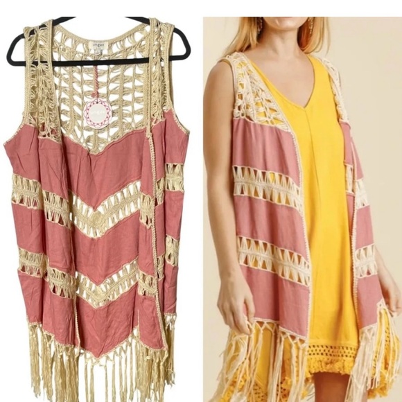Umgee Jackets & Blazers - Umgee Cream Crochet Dusty Rose Fringe Vest Size Large - NWT - Cowgirl